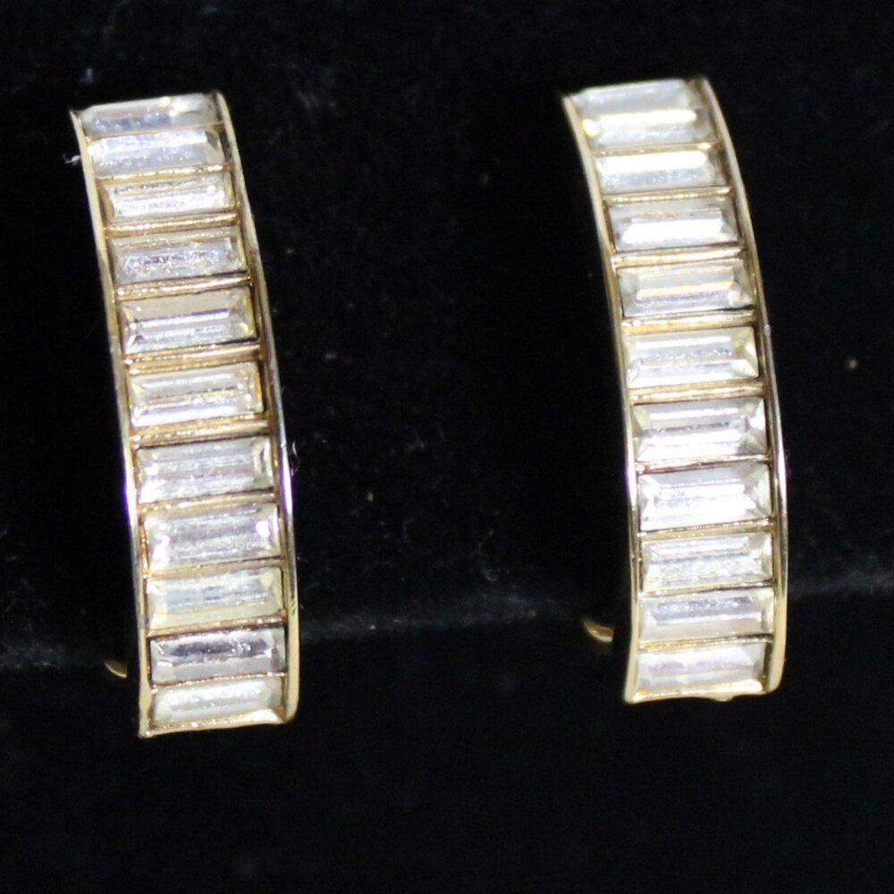 Crescent Shaped Rhinestone Clip On Earrings Gold Tone Metal
